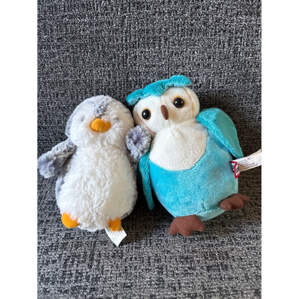 Aurora World Penguin and Douglas Blue Owl Plush Stuffed Animal Bird Toy Set 2pc